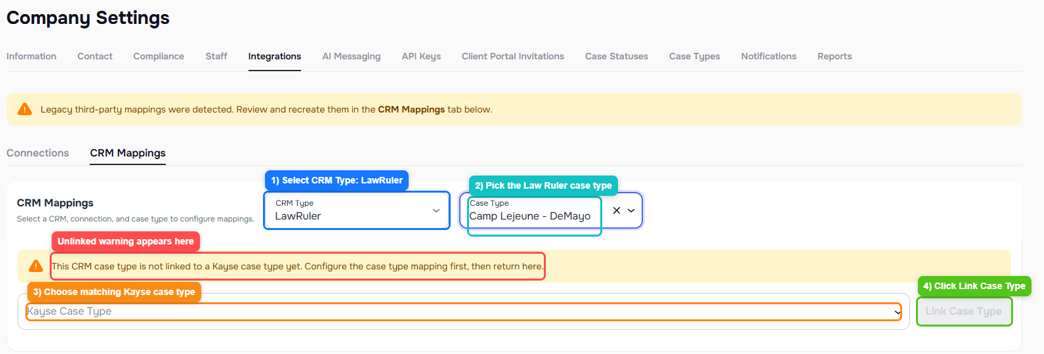 CRM Mappings screen showing the Law Ruler case type selector, unlinked warning, Kayse case type field, and Link Case Type action