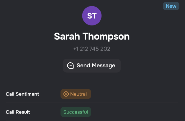 Call Summary Panel with sentiment, result, disconnection reason, case info