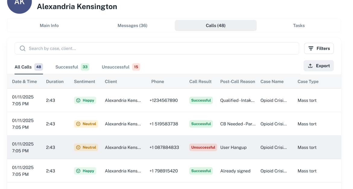 Calls tab on Client page showing call activity and metadata