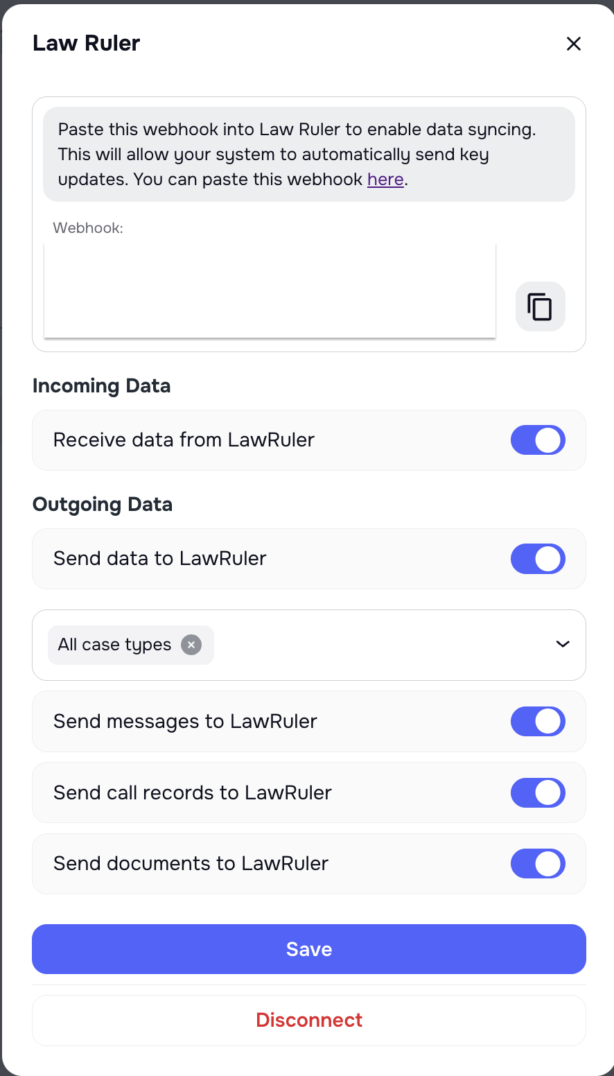 Law Ruler integration case type filter for outbound sync