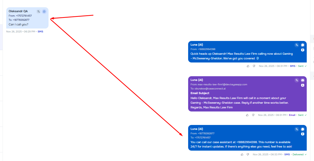 Call intent detection showing AI response with correct active phone number