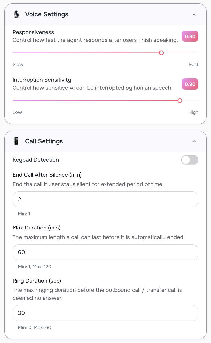 Advanced call controls for response speed and voicemail detection