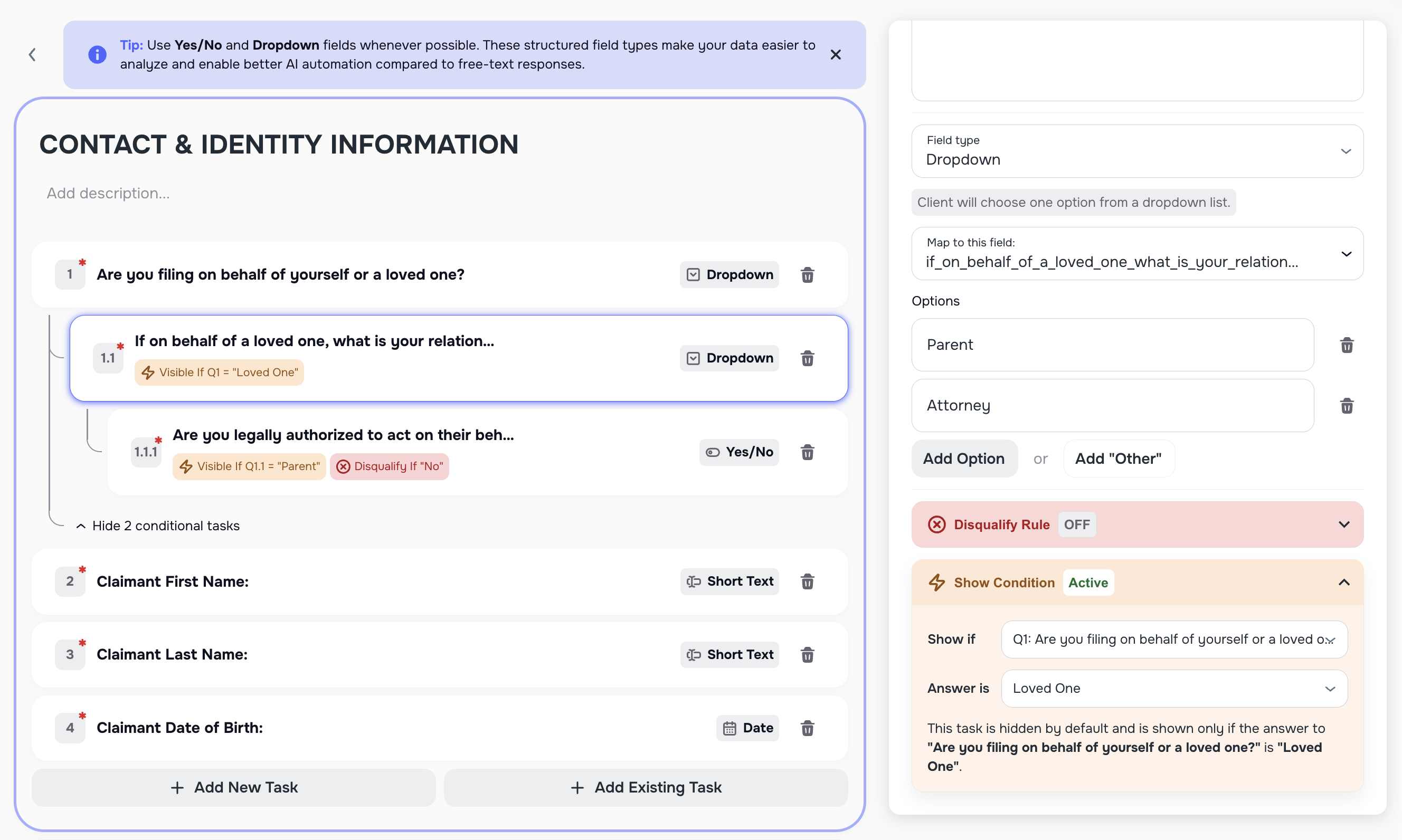 Smart Tasks conditional logic with Yes/No and dropdown task types