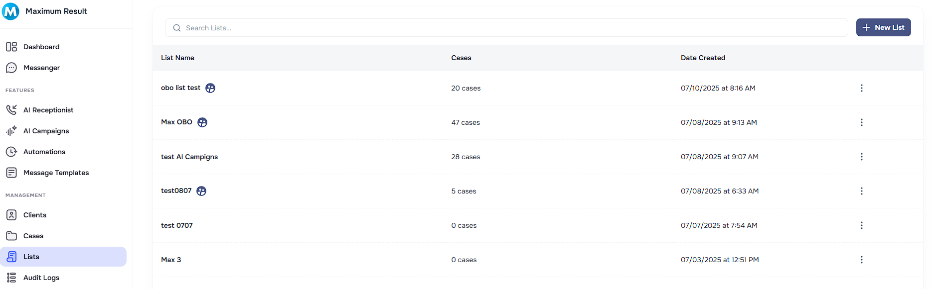 New List button and list naming in Lists page