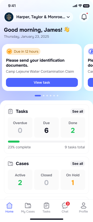 Home tab with welcome message, task slider, case summary, and progress bar