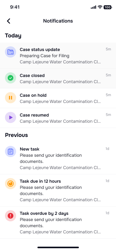 Notifications bell icon and list of case updates and task assignments