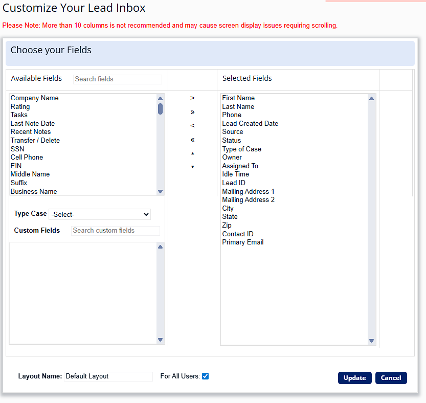 Add Lead ID and Contact ID to selected fields in Law Ruler