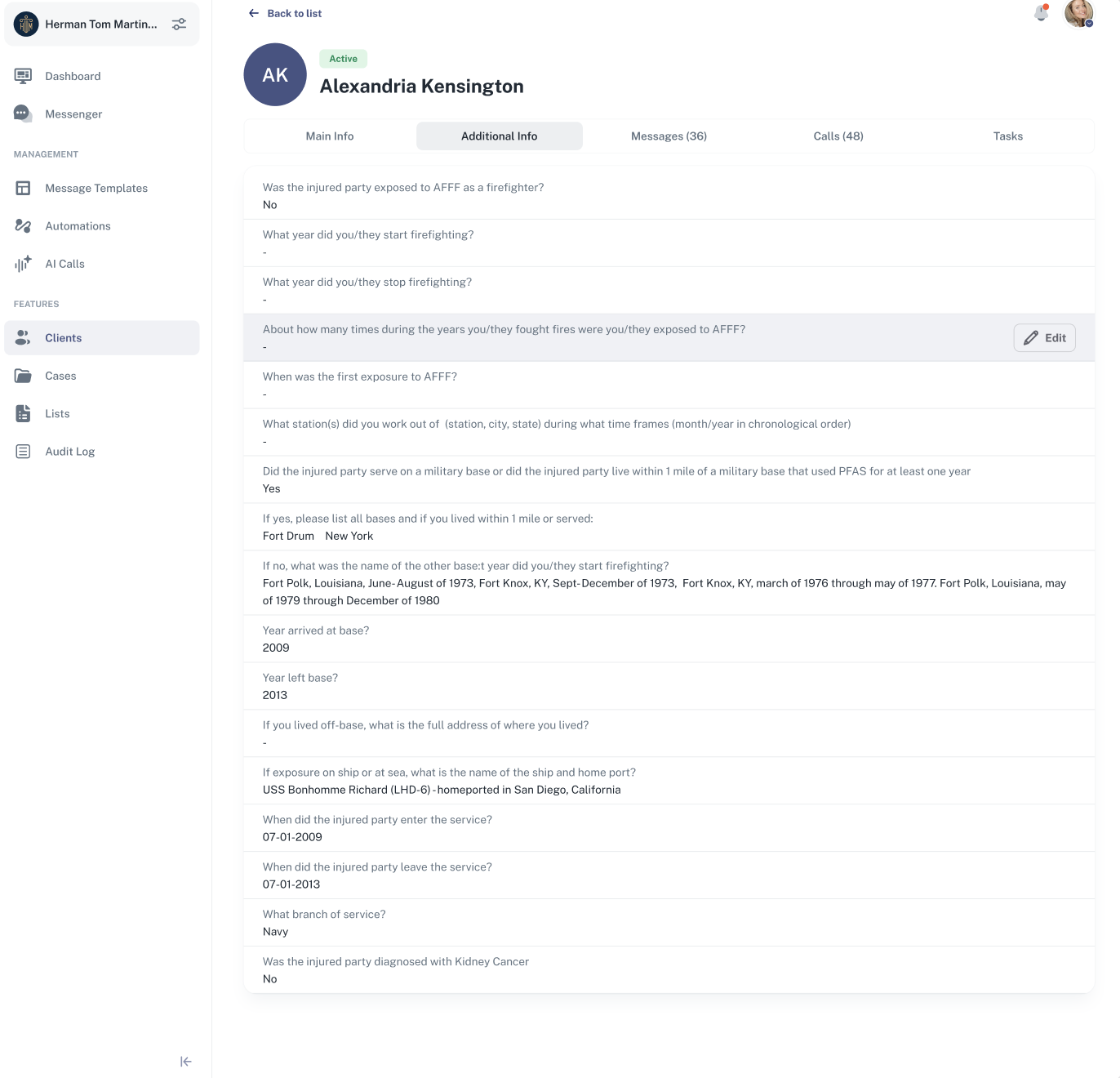 Additional Information tab with Custom Fields in client profile