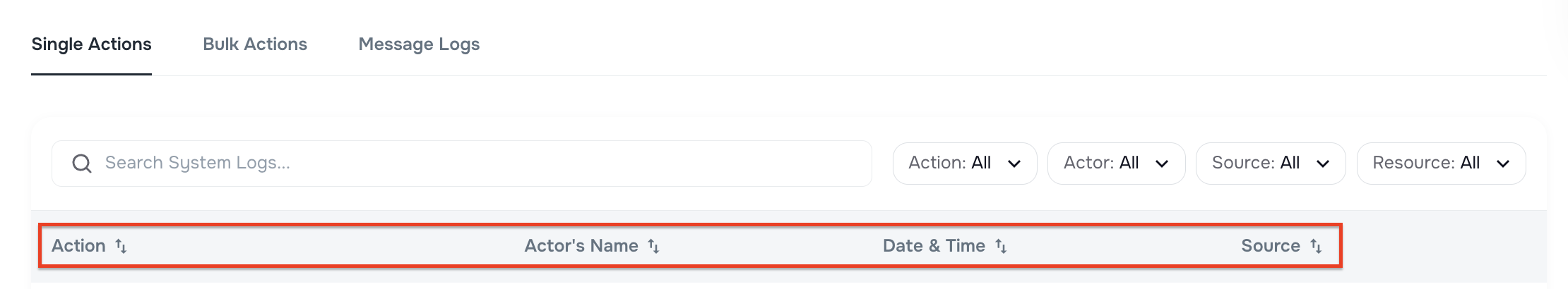 System Log Single Actions with sortable columns