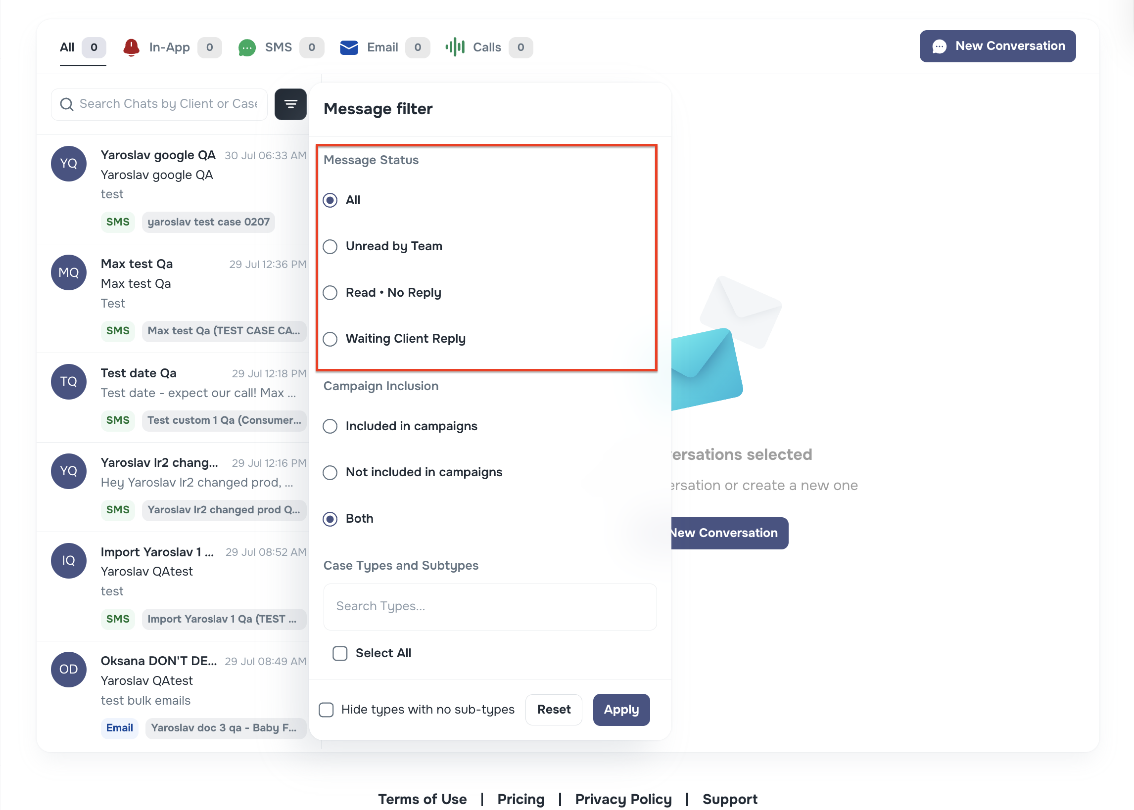 Message Filters with Unread by Team, Read No Reply, Waiting Client Reply