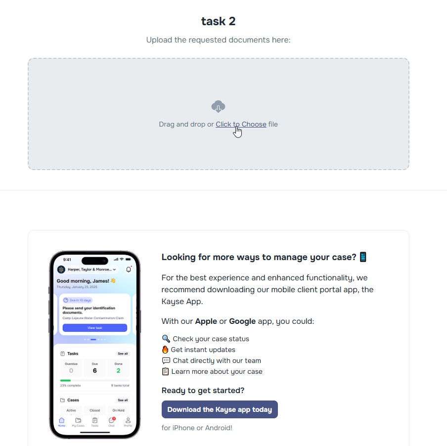 Secure document upload link for non-app users