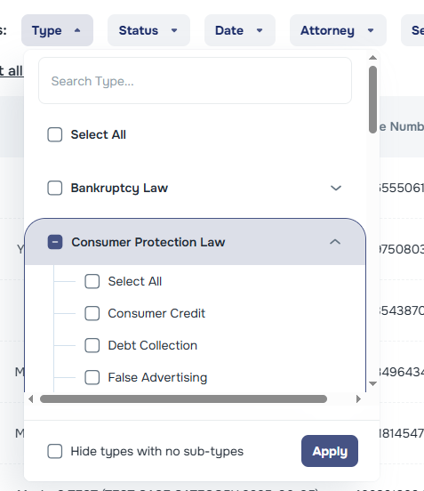 Case type filter with alphabetical sorting and search bar
