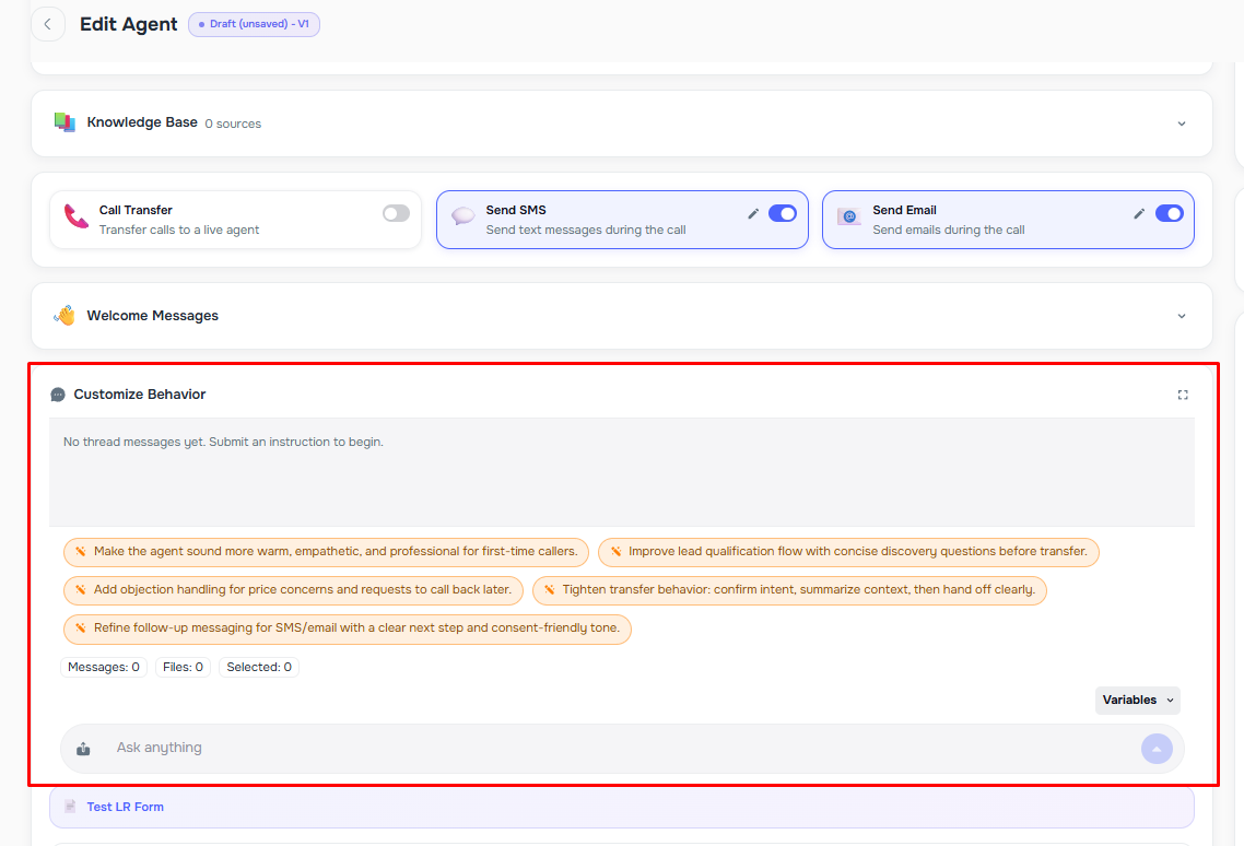 Customize Behavior instruction thread for updating agent prompts