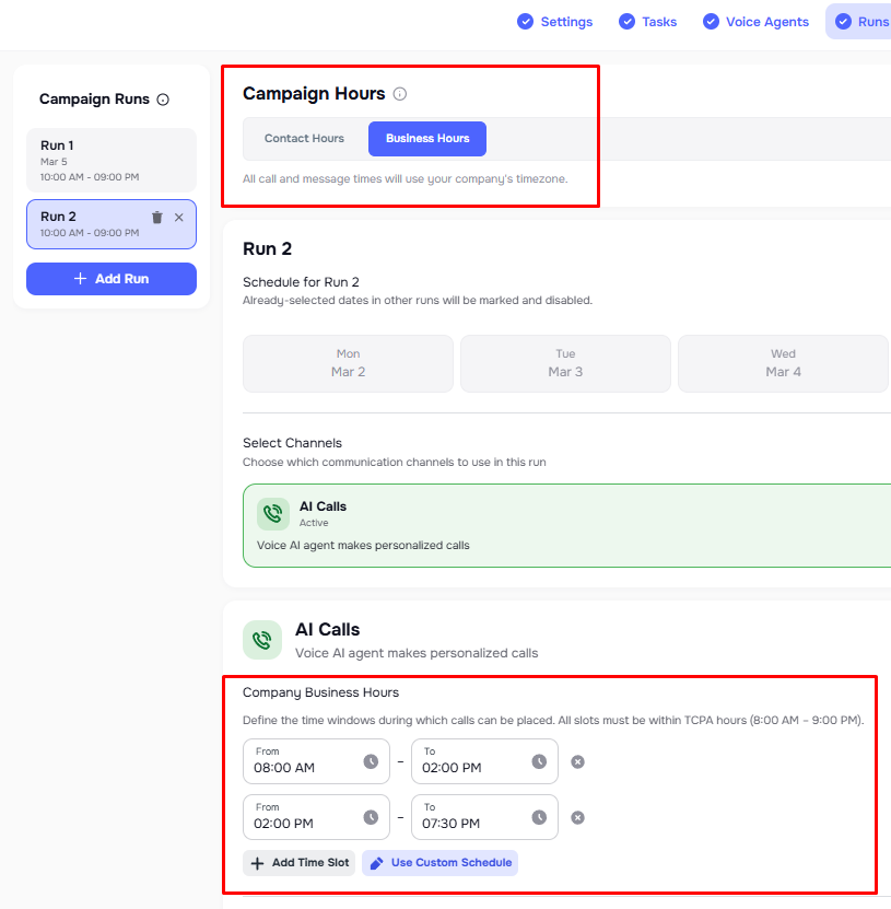 Default Business Hours settings in campaign creation