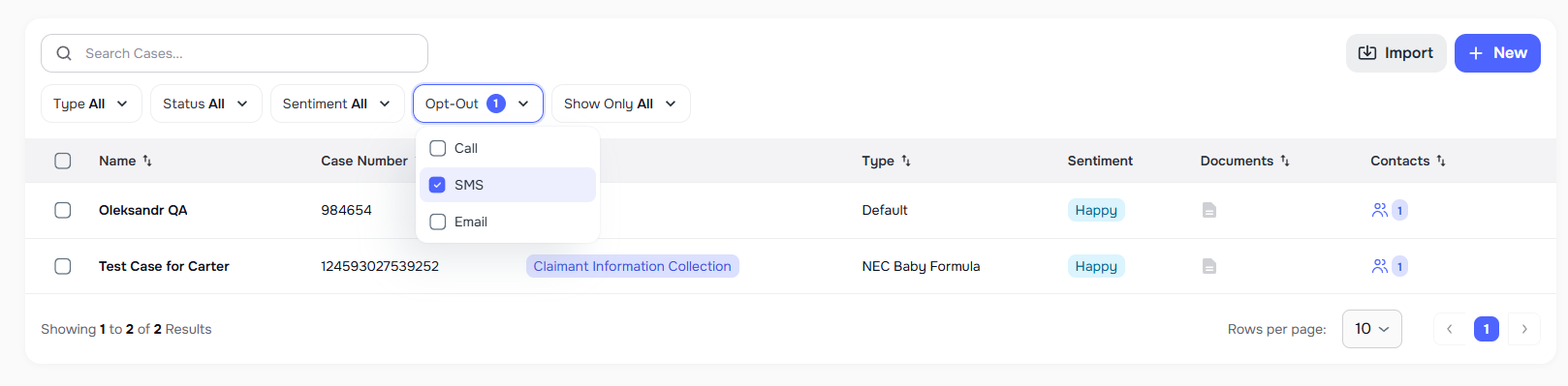 Cases page opt-out filter for Call, SMS, Email channels
