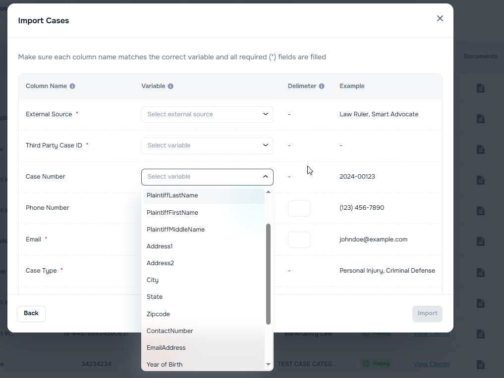 Import tool UI with updated field order, back button, and enlarged popup