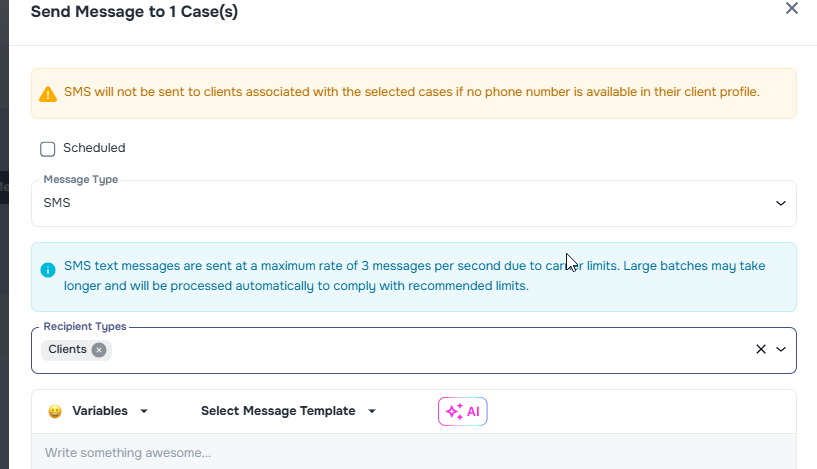 Bulk messaging warning when selected cases lack client phone numbers