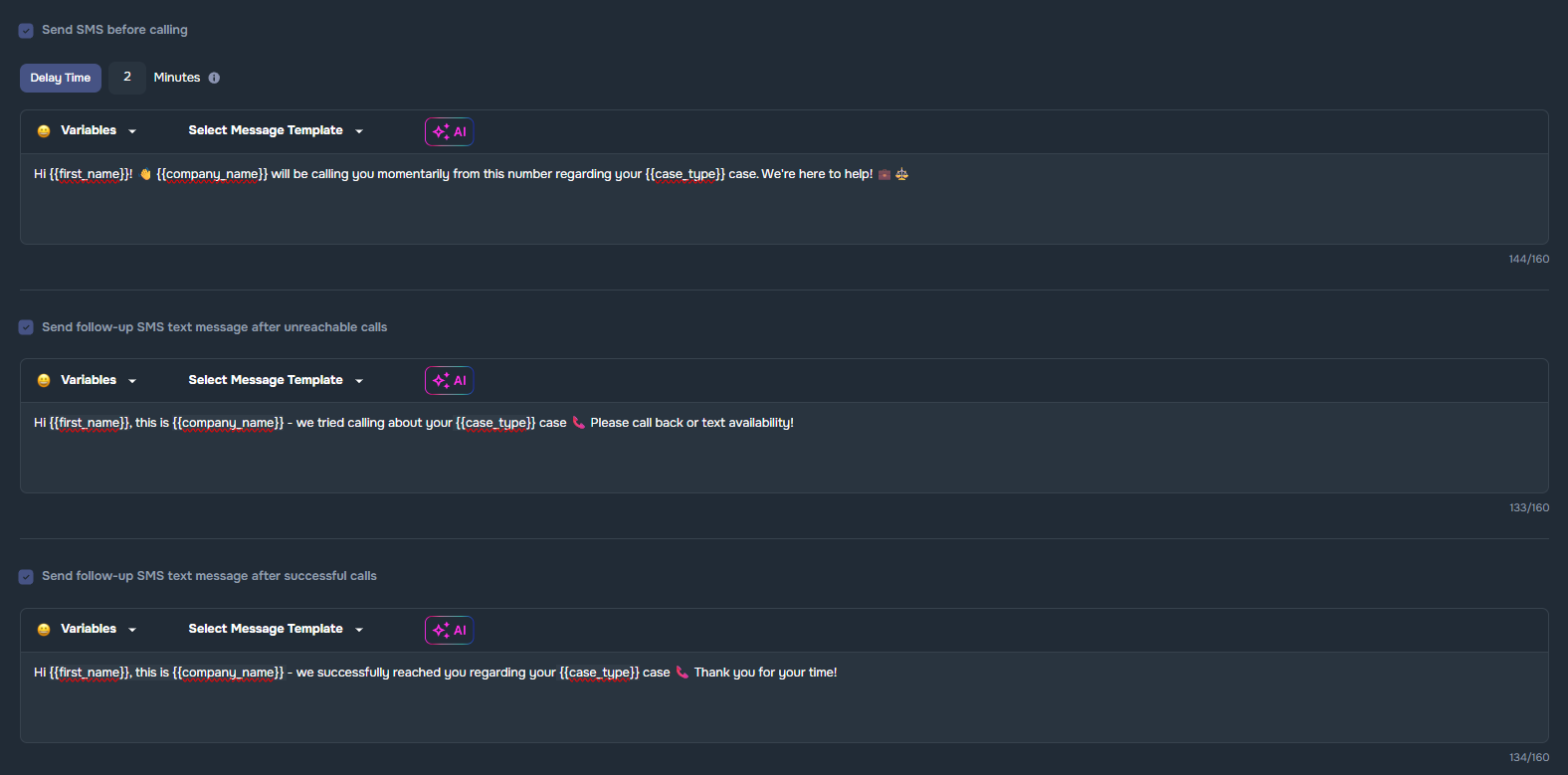 AI Campaign SMS integration with pre-call and follow-up message configuration