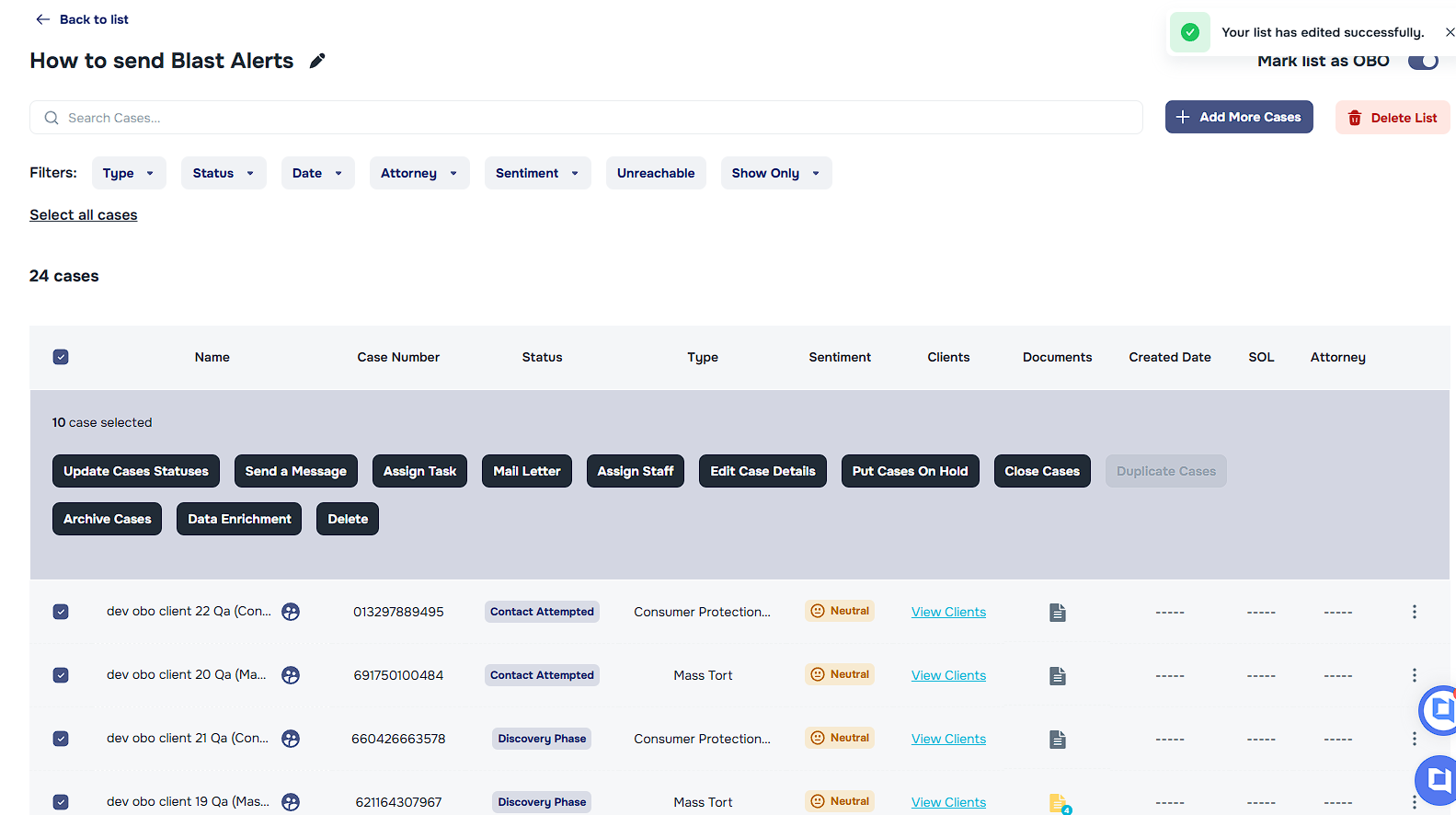 Select all cases and Send a Message button on Lists page