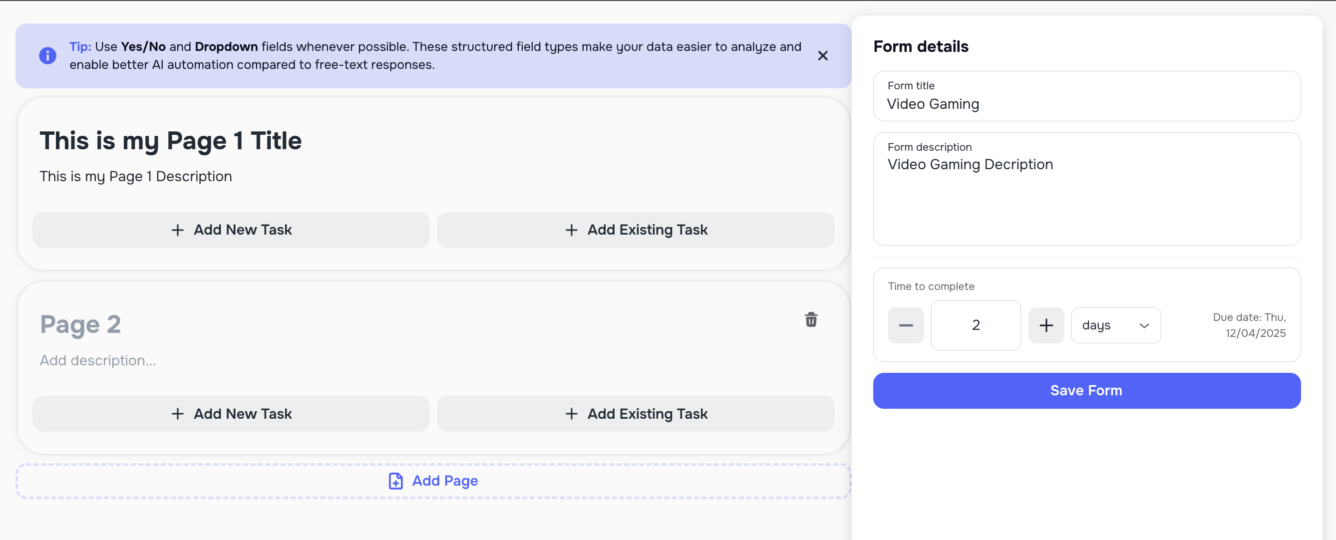 Form page with title and description fields