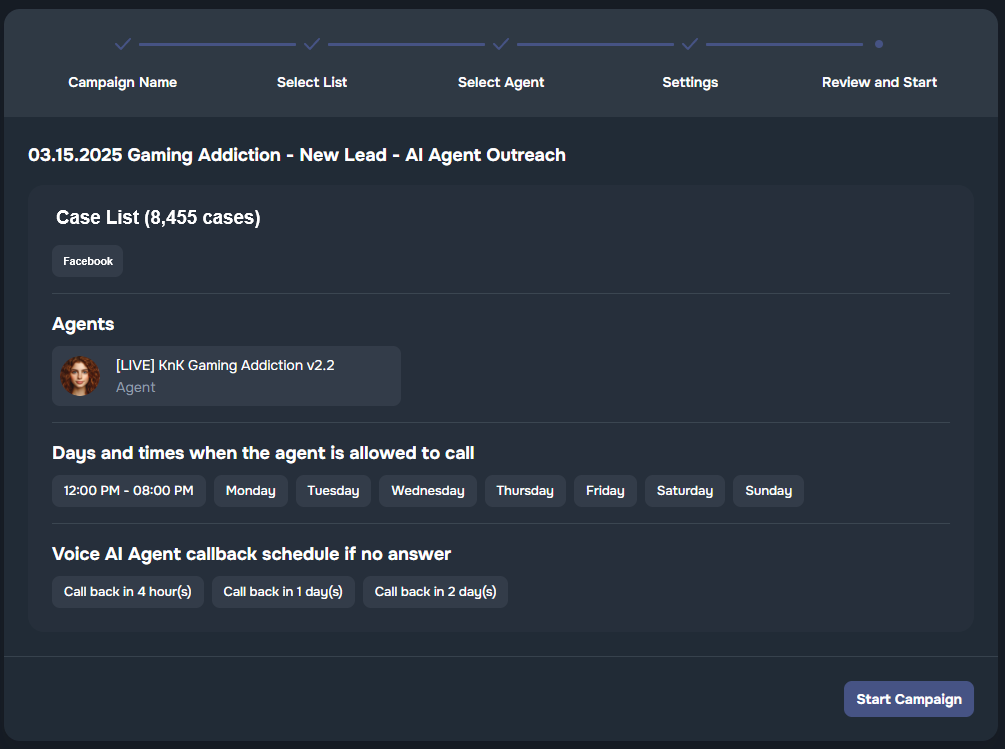 Review and Start Campaign screen with agent, list, schedule summary