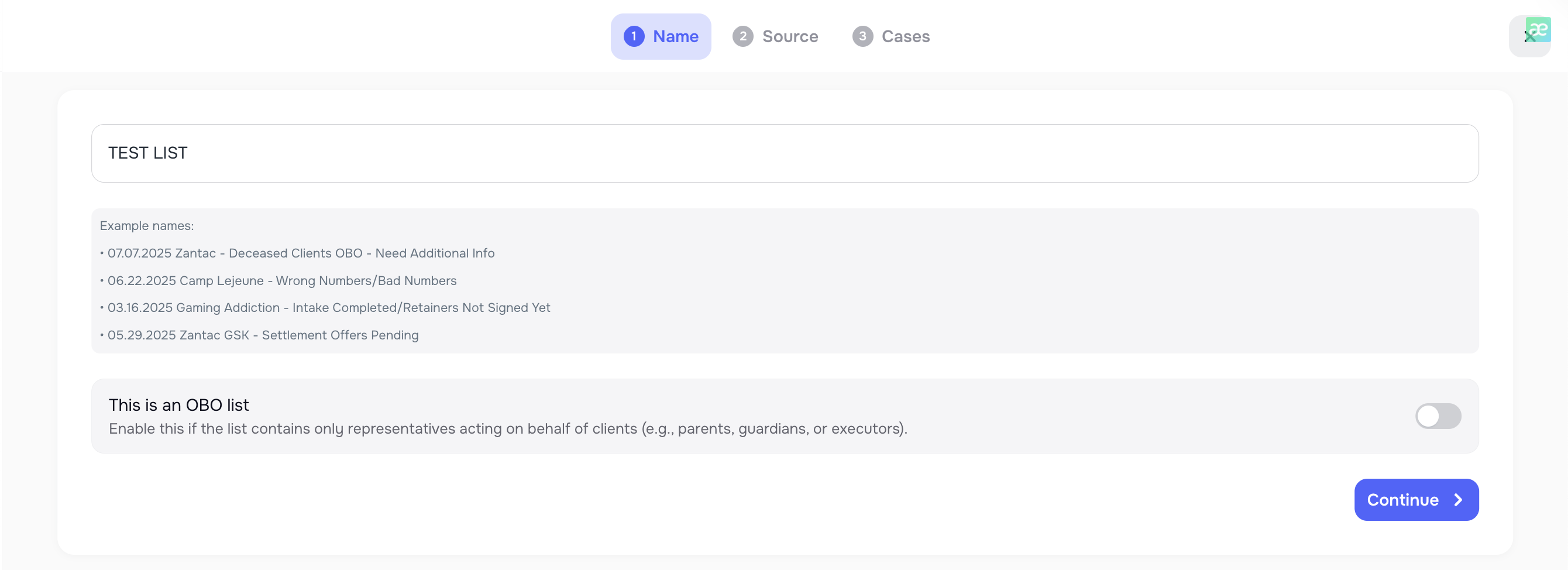 Create List from Lists page with OBO option