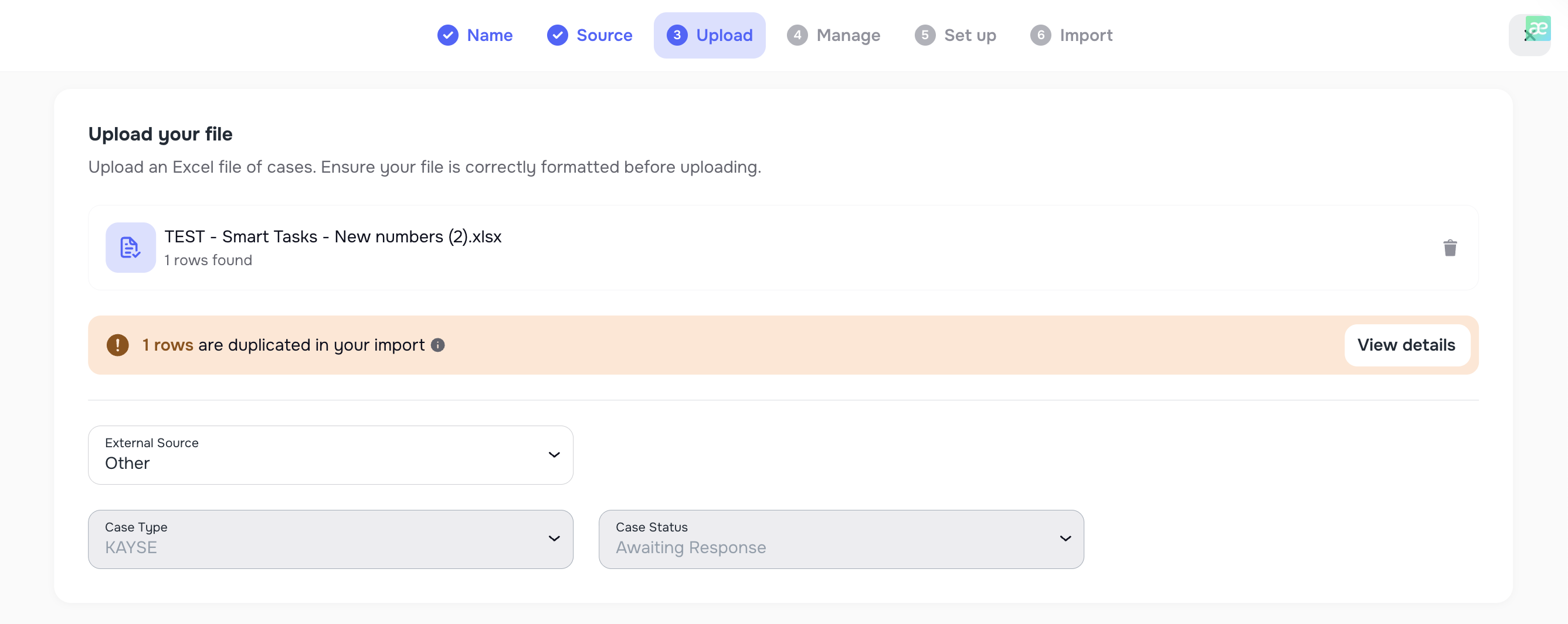 Import step with Case Type, Case Status, and file upload