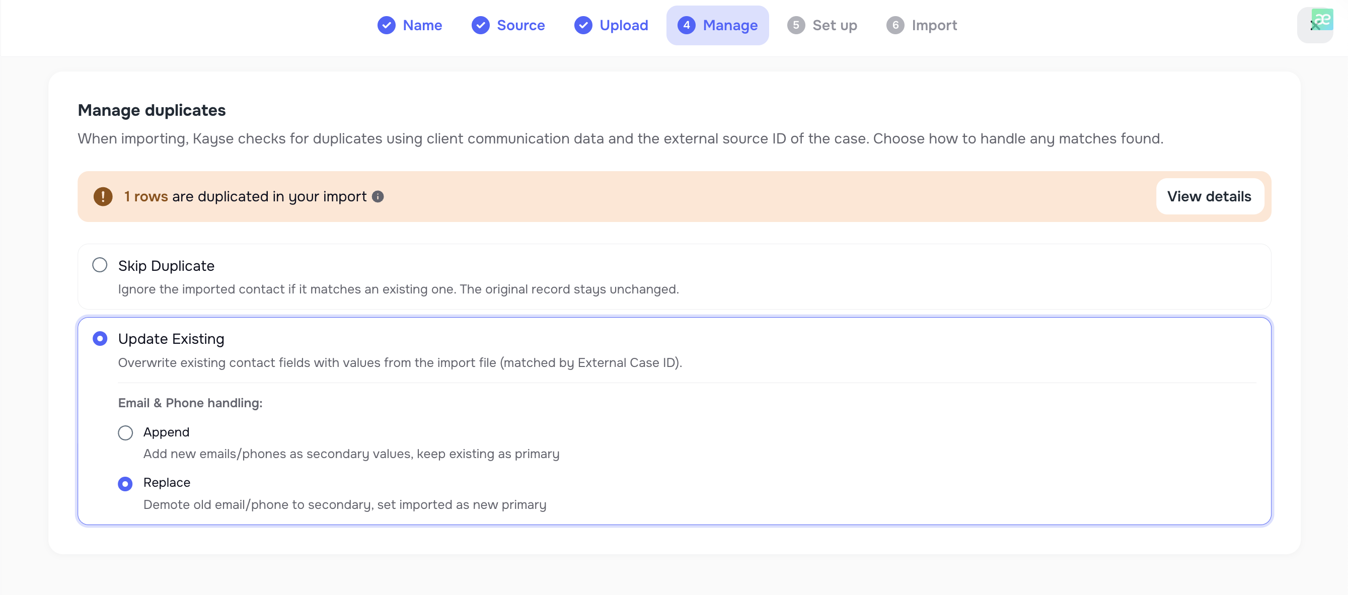 Manage Duplicates step: Skip duplicate or Update existing