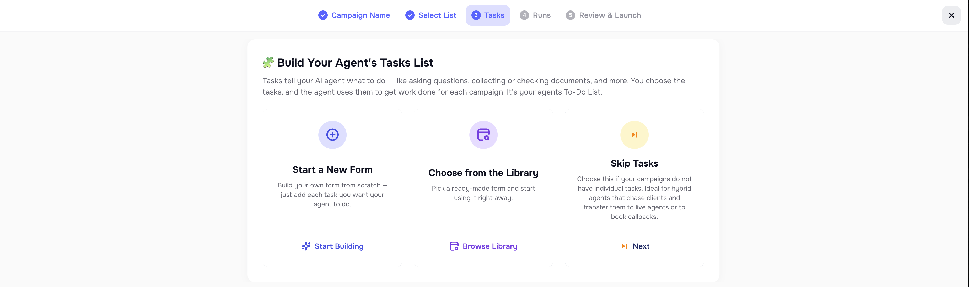 Skip tasks or Attach form option in campaign setup