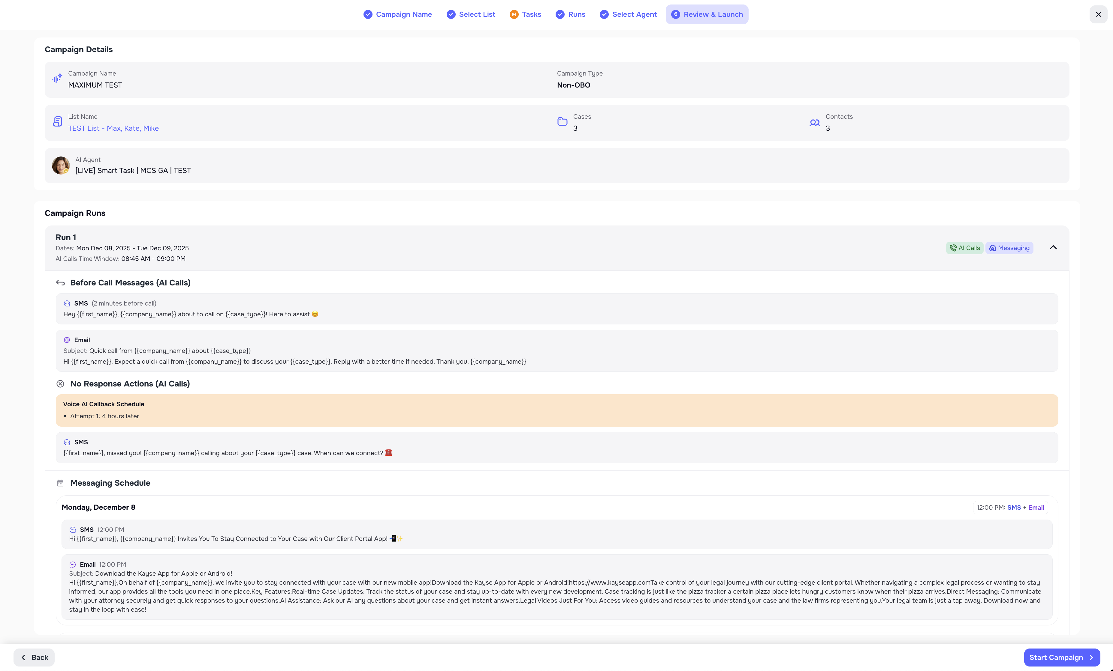 Campaign summary and Start Campaign button