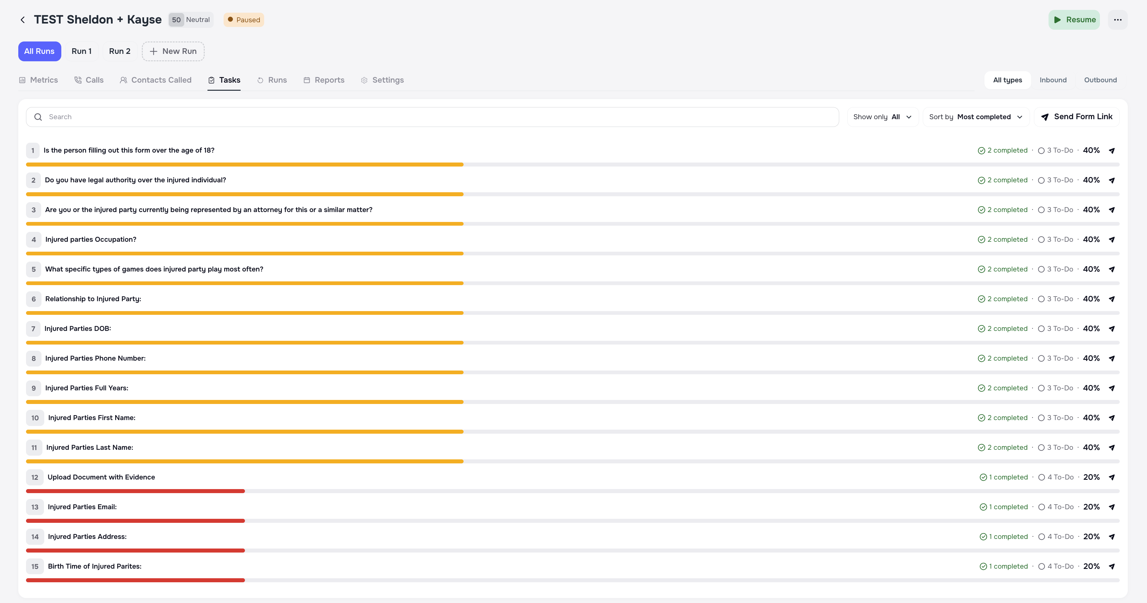 Tasks tab with completion status and filters