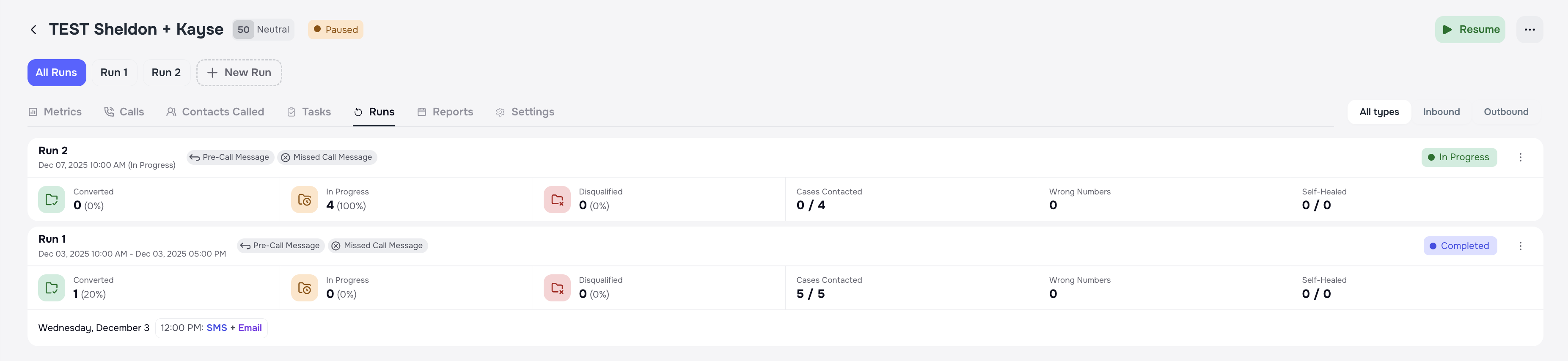 Campaign Runs settings with SMS-only and Email-only options