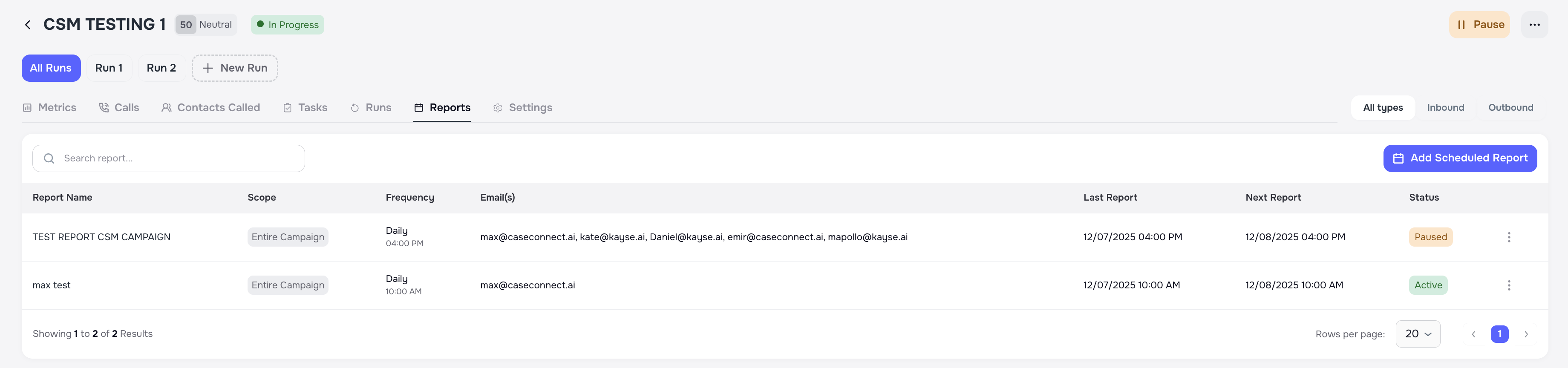 Campaign report scheduler with filter and column settings